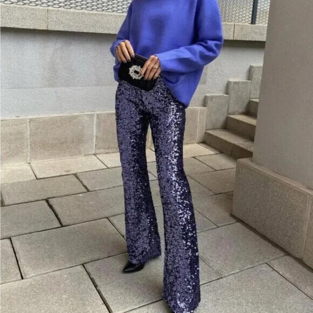 Zara Lilac Flared Sequin Trousers